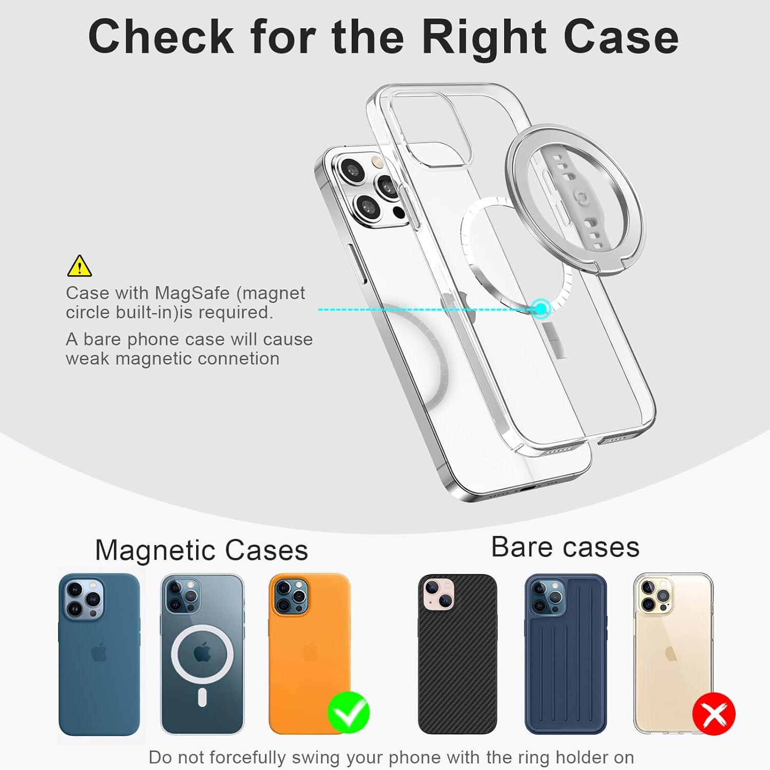EWA El nuevo MagOne (actualización) compatible con MagSafe Phone Grip Stand con correa de silicona para los dedos, soporte magnético extraíble, solo