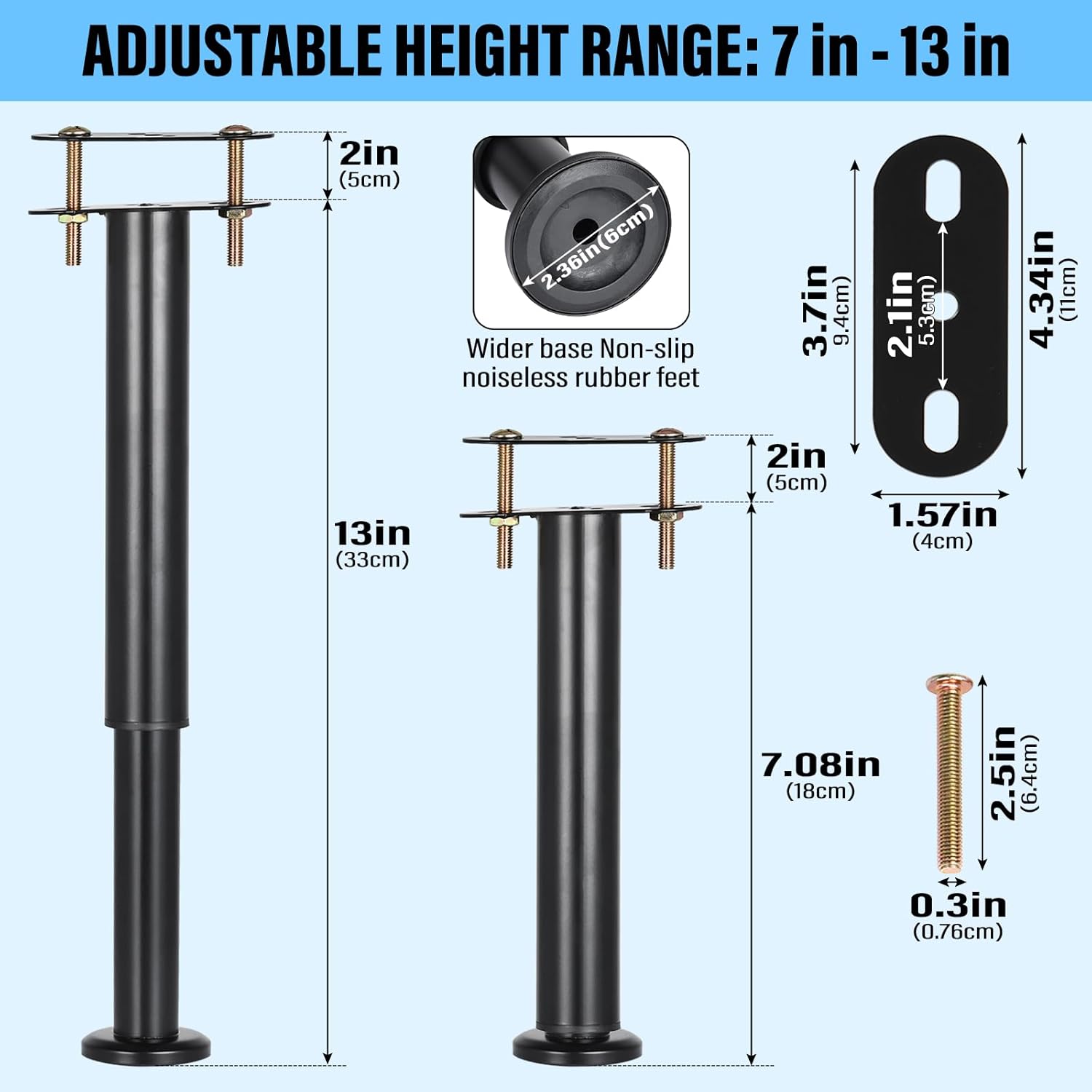 2 patas de soporte ajustables para marco de cama, patas de soporte de metal resistente con base más ancha (7 a 13 pulgadas)