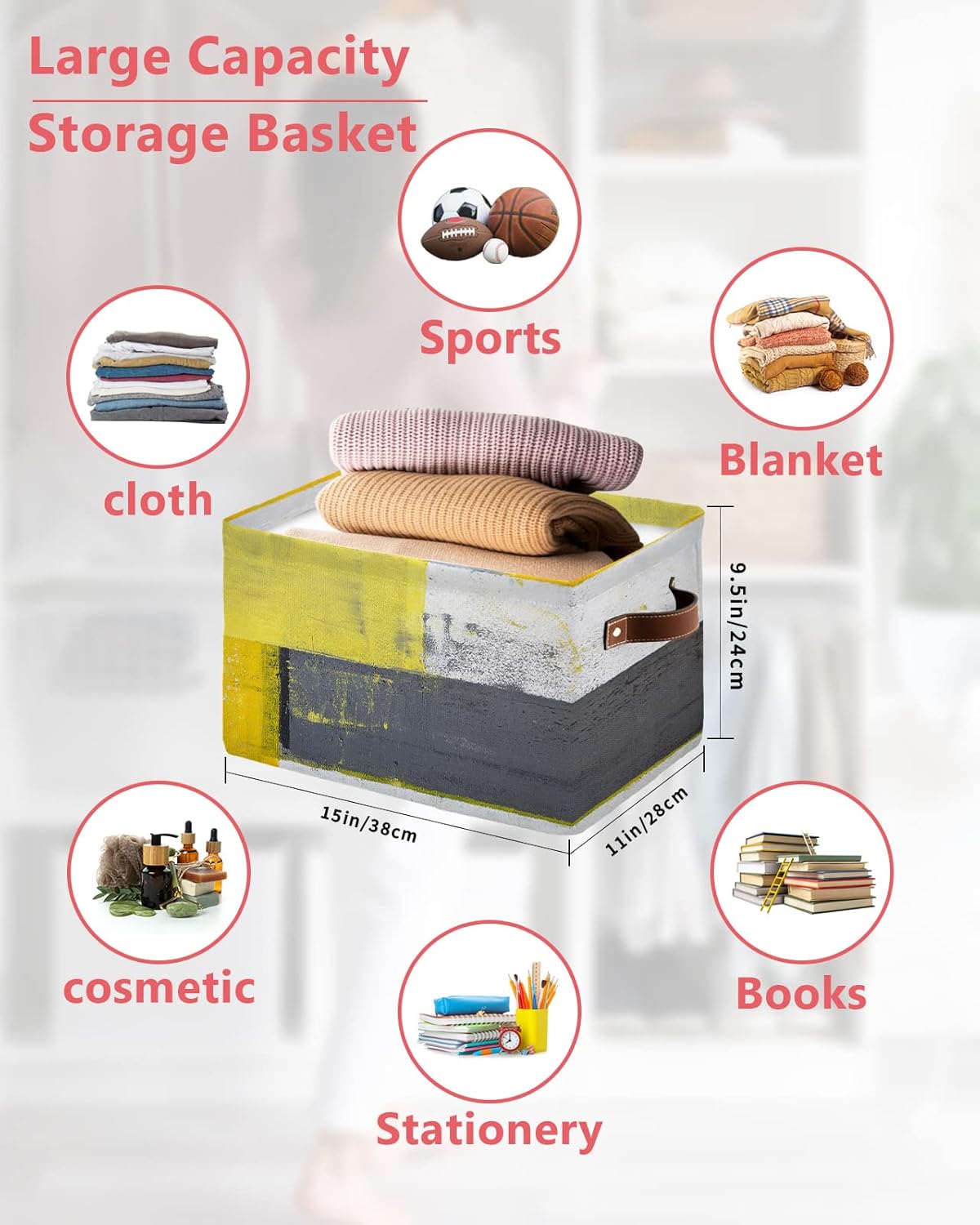 Yellow Grey Storage Basket for Organizing Shelves, Collapsible Storage Bins Boxes with Handle, Modern Oil Painting Geometric Abstract Art Aesthetics