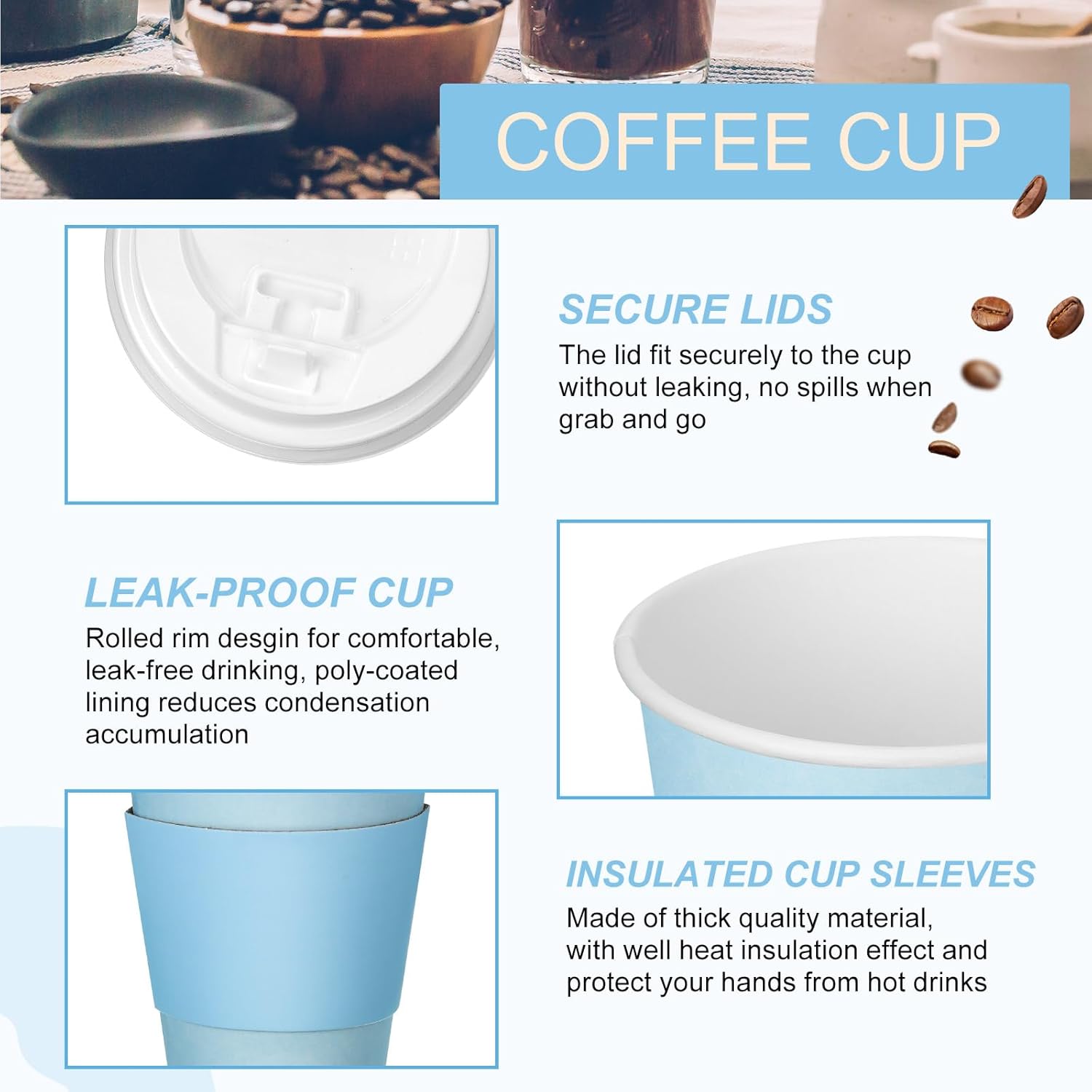 48 tazas de café desechables de 12 onzas con tapas y fundas a granel, tazas de papel aisladas para bebidas calientes y frías, jugo de agua, cacao,