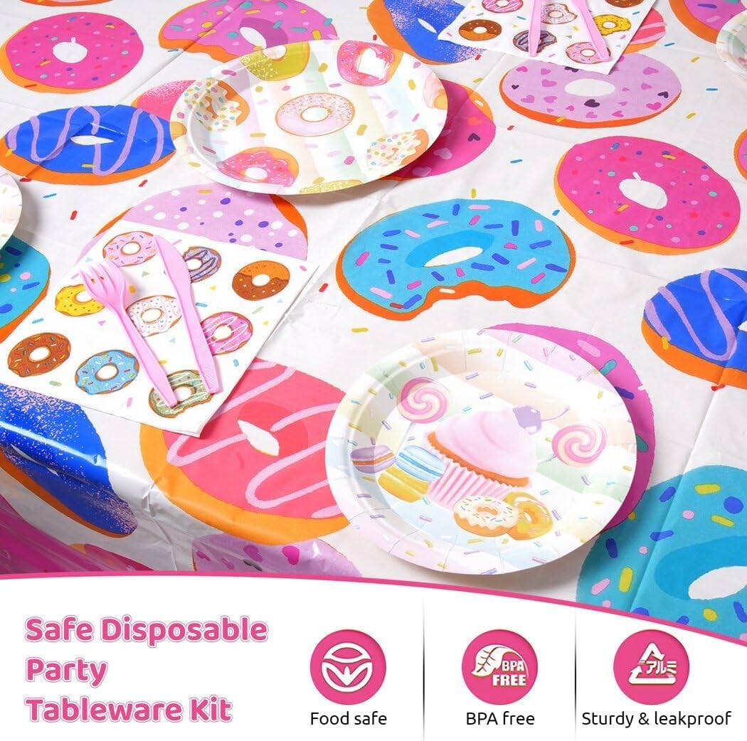 Juego de vajilla de 126 piezas para fiesta de donas, decoración de fiesta de donas, juego de vajilla de papel con platos desechables, servilletas,
