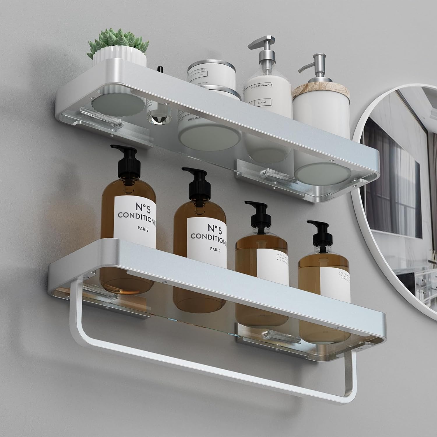 Bathroom Shelf Glass Bathroom Shelves Wall Mounted Rectangular Floating Shelves for Wall Decor Bathroom Organizer Matte Silver Set