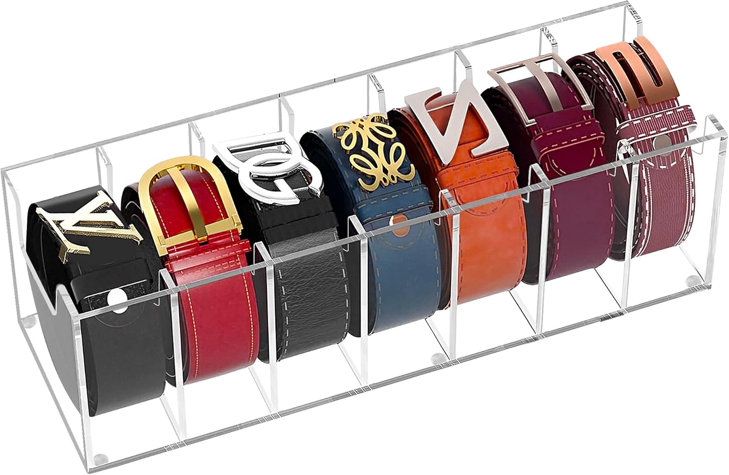 Organizador de cinturón, estuche de acrílico transparente para cinturón para armario y cajón, 7 compartimentos para cinturón, soporte de exhibición