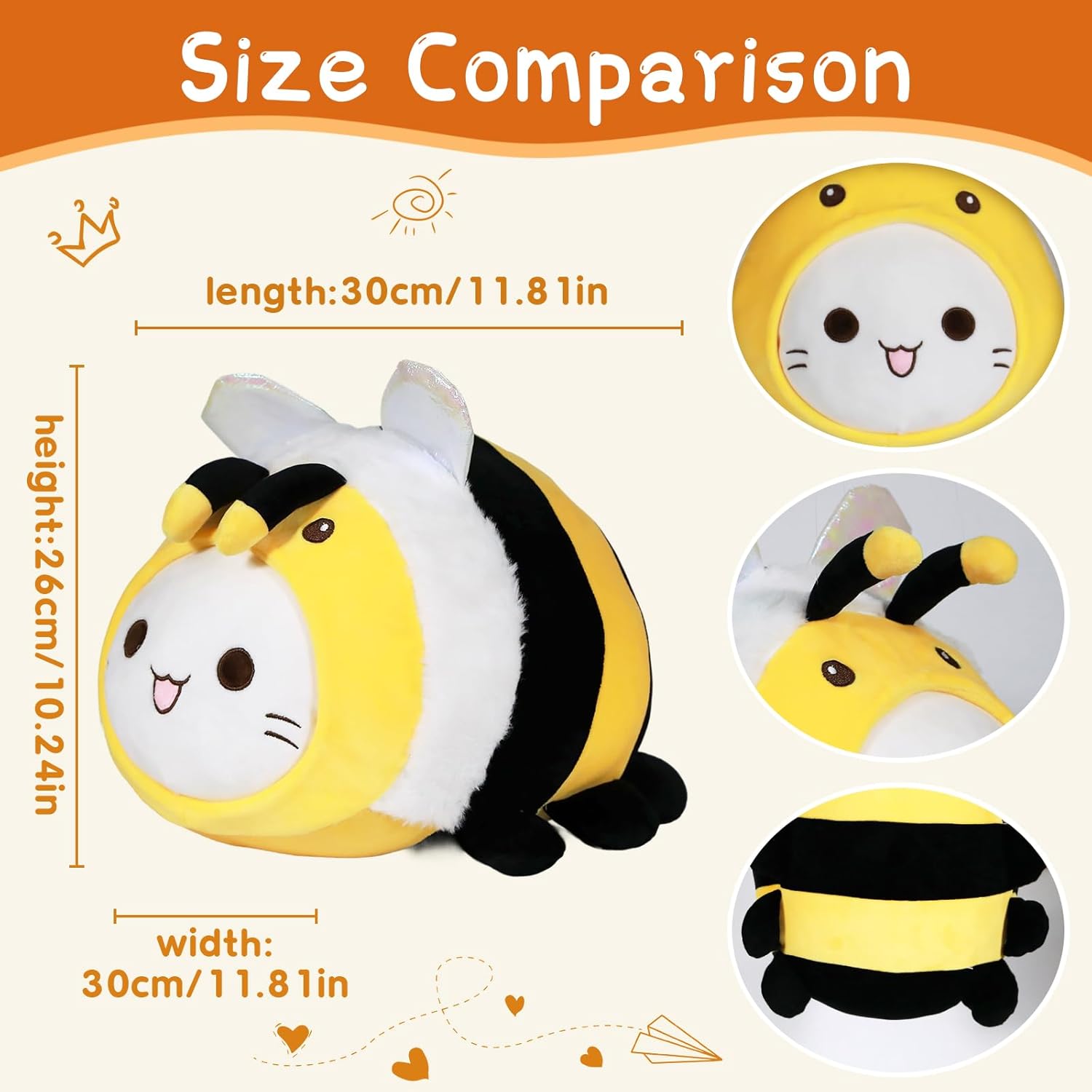 yayyayer Lindo juguete de peluche de abeja de gato, suave de 12 pulgadas, almohada de animales de peluche de abeja kawaii gato de peluche para
