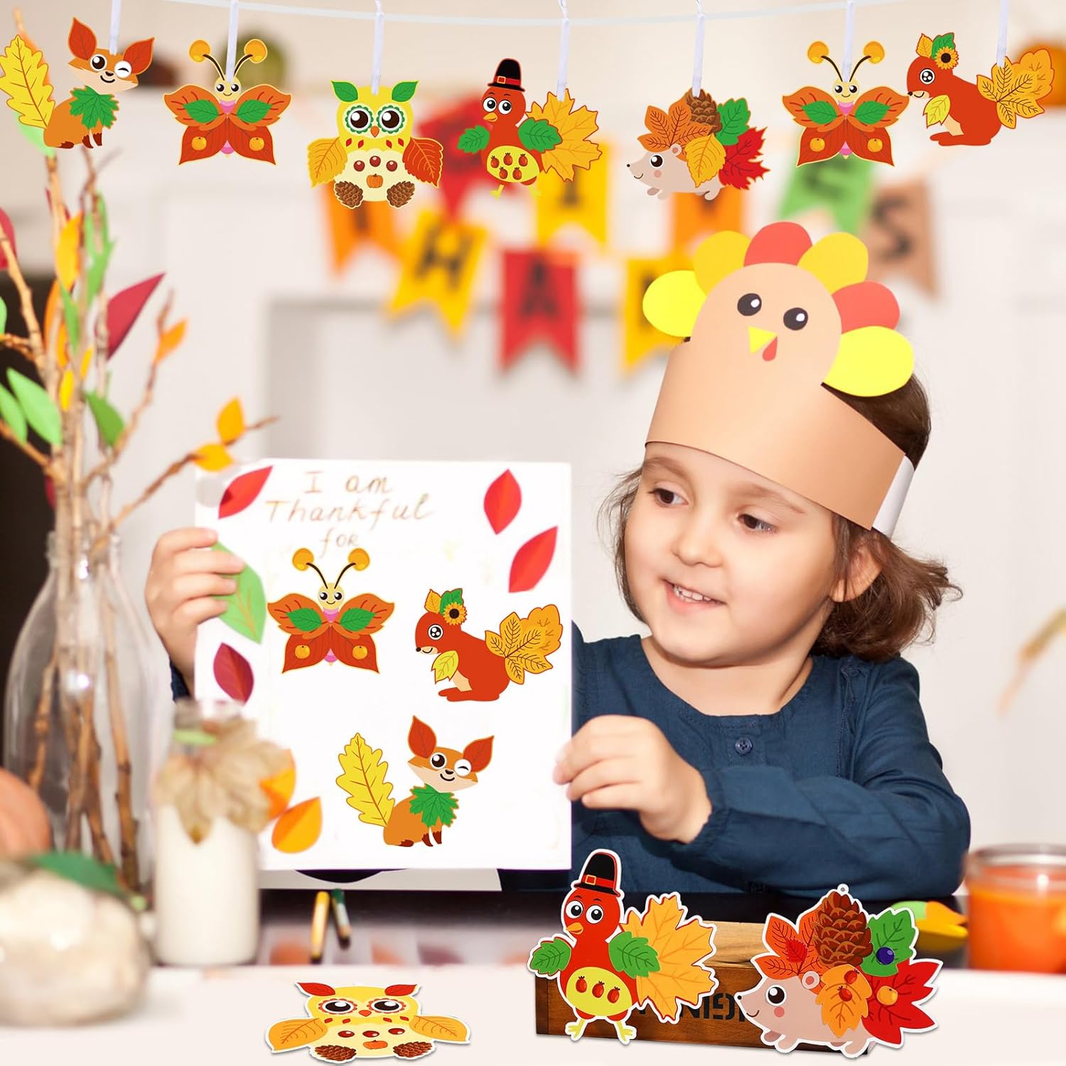 Kits de manualidades de otoño para niños, lindos animales, pavo, otoño, búho, manualidades, hojas de arce, manualidades de Acción de Gracias, a