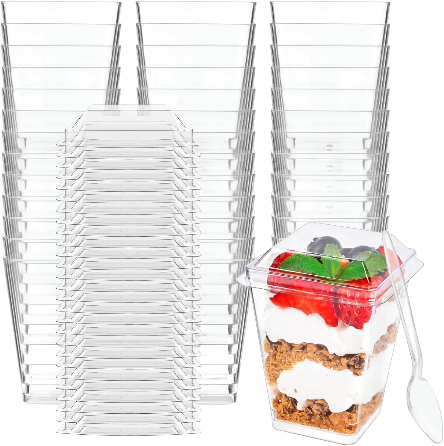 Paquete de 100 vasos cuadrados de plástico transparente de 5 onzas con tapas y cucharas, mini vasos para servir para fiesta de degustación, postres,