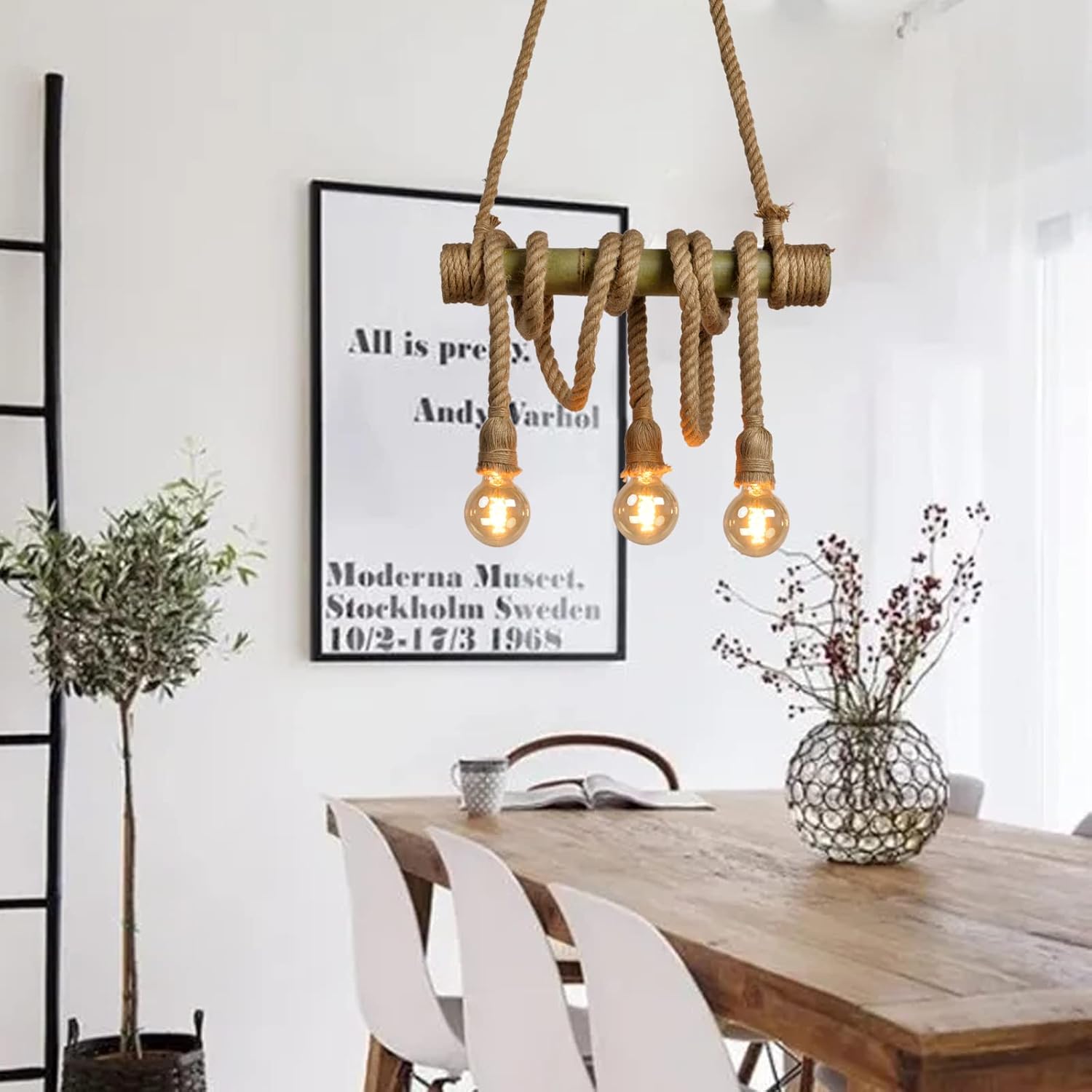 Arturesthome 3 luces vintage de bambú candelabros de cuerda de cáñamo, lámpara colgante industrial rústica única para dormitorio, restaurante,