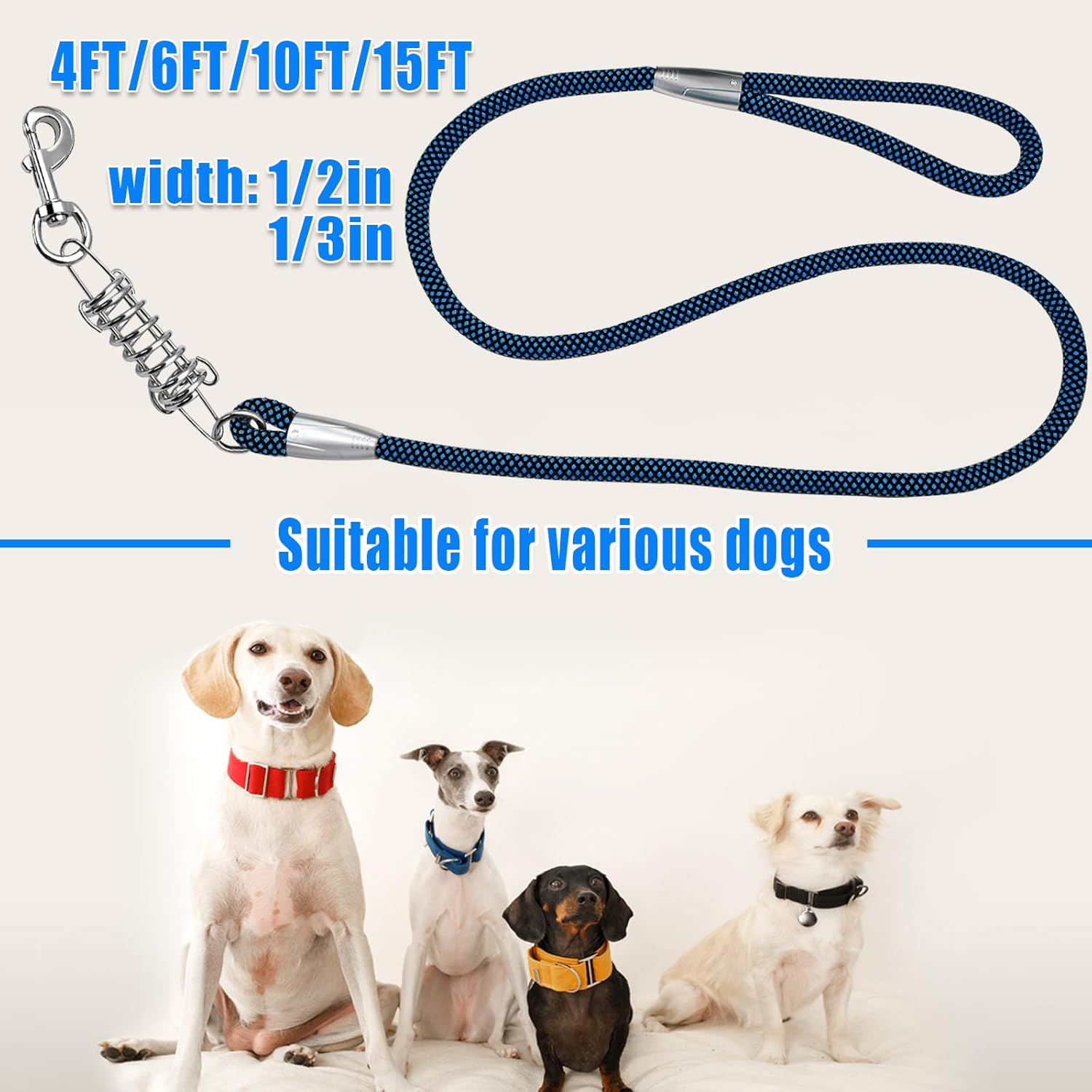 NAZOU Correa de perro de 12 pulgada para perros medianos y grandes de 4 pies, 6 pies, 10 pies, 15 pies, correa resistente para perro, correa
