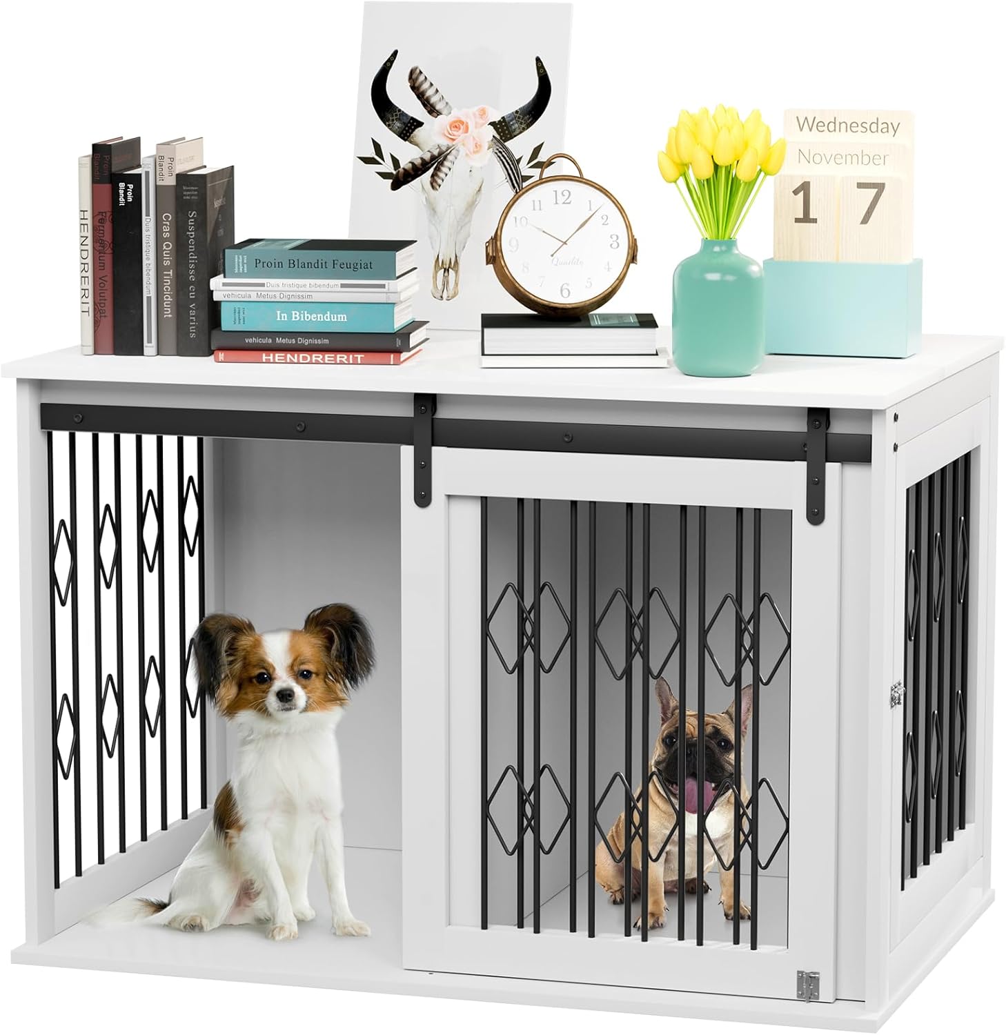 Arlopu Mueble de jaula para perros con puerta corrediza de granero, mesa auxiliar de madera de 39.4 pulgadas, con apertura superior, divisor