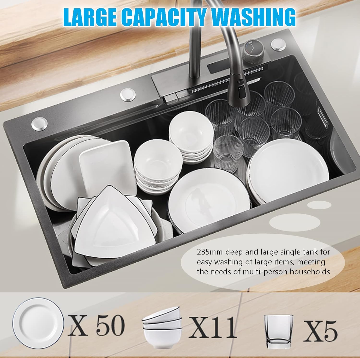 Fregadero de cocina con cascada de lluvia voladora, fregadero de cocina de acero inoxidable, fregadero de cocina con fregadero de cocina individual,