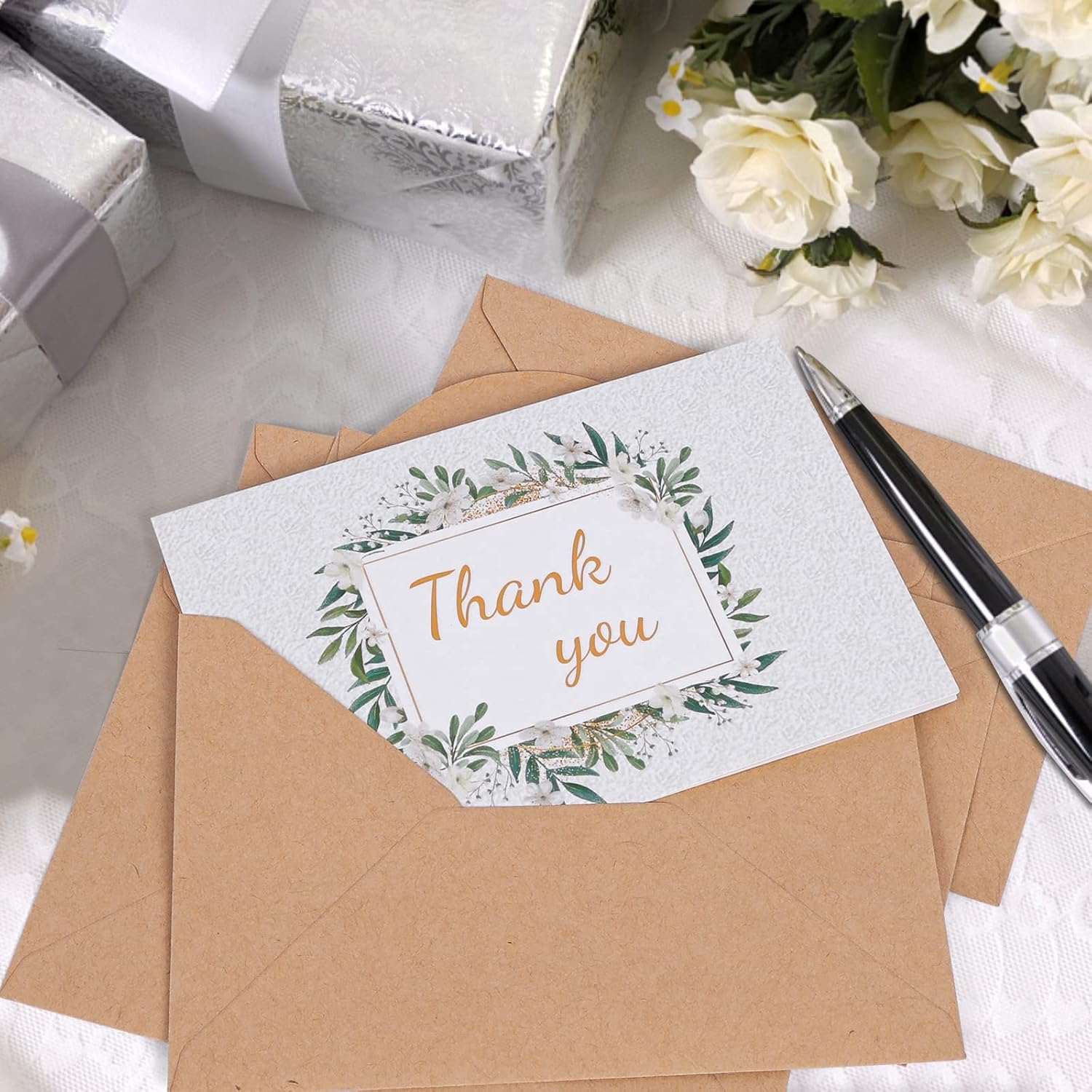 Tarjetas de agradecimiento con sobres de papel kraft y calcomanías a juego, 100 tarjetas de agradecimiento de plantas verdes, tarjetas de
