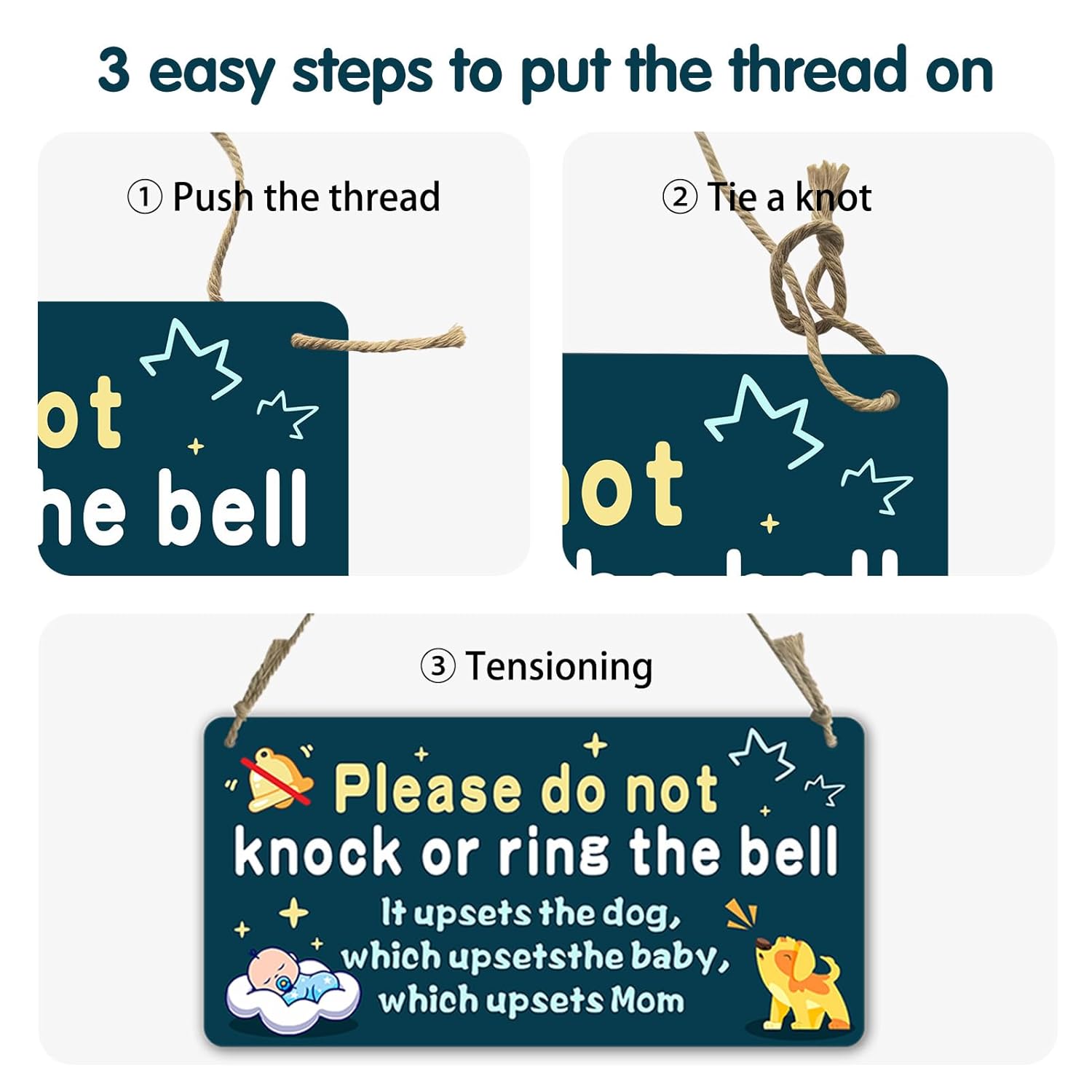 Letrero colgante de plástico de PVC para puerta delantera, con texto en inglés “Do Not Knock or Ring the Bell”, de plástico PVC, de 10 x 5 pulgadas,