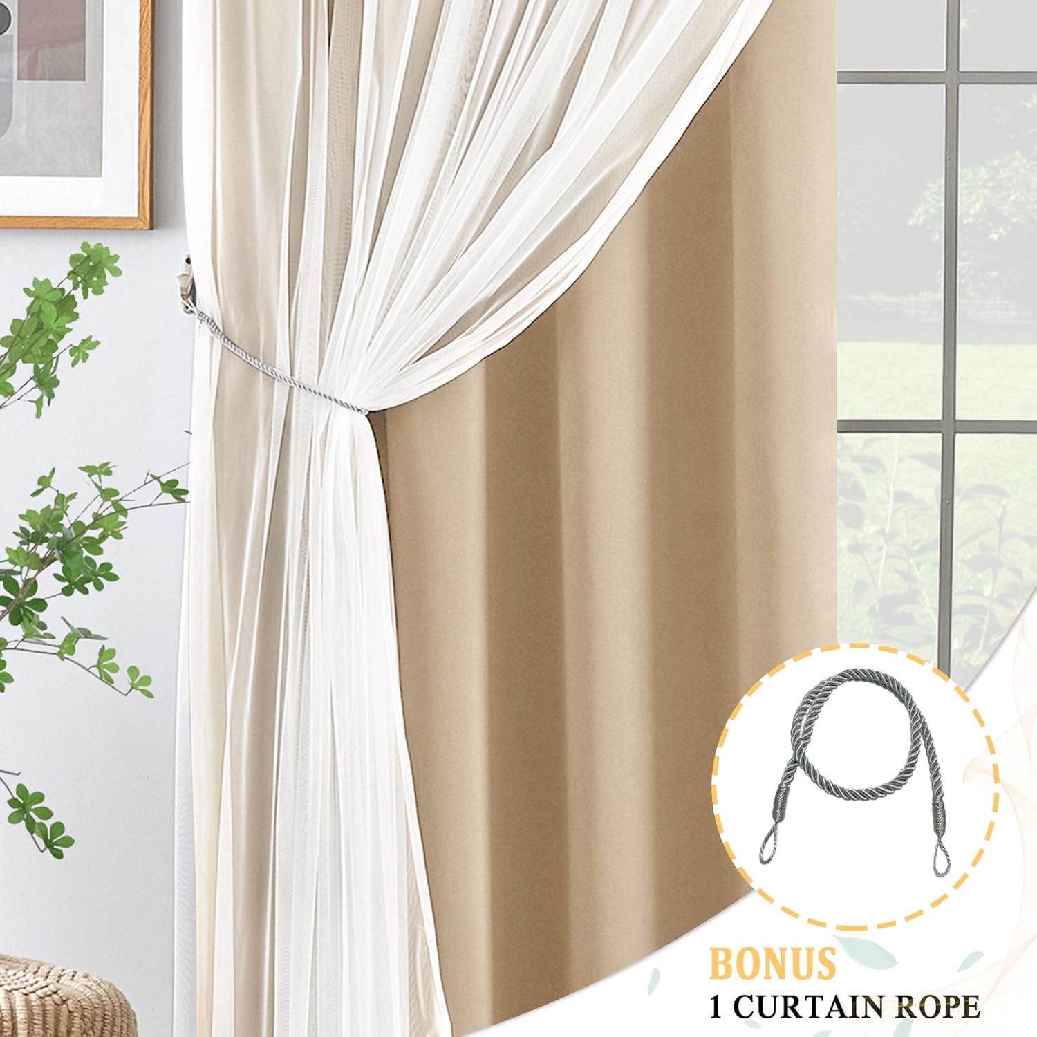 Kinryb Cortinas opacas con superposición transparente, diseño de dos capas, aislamiento térmico y protección de privacidad, cortinas para sala de