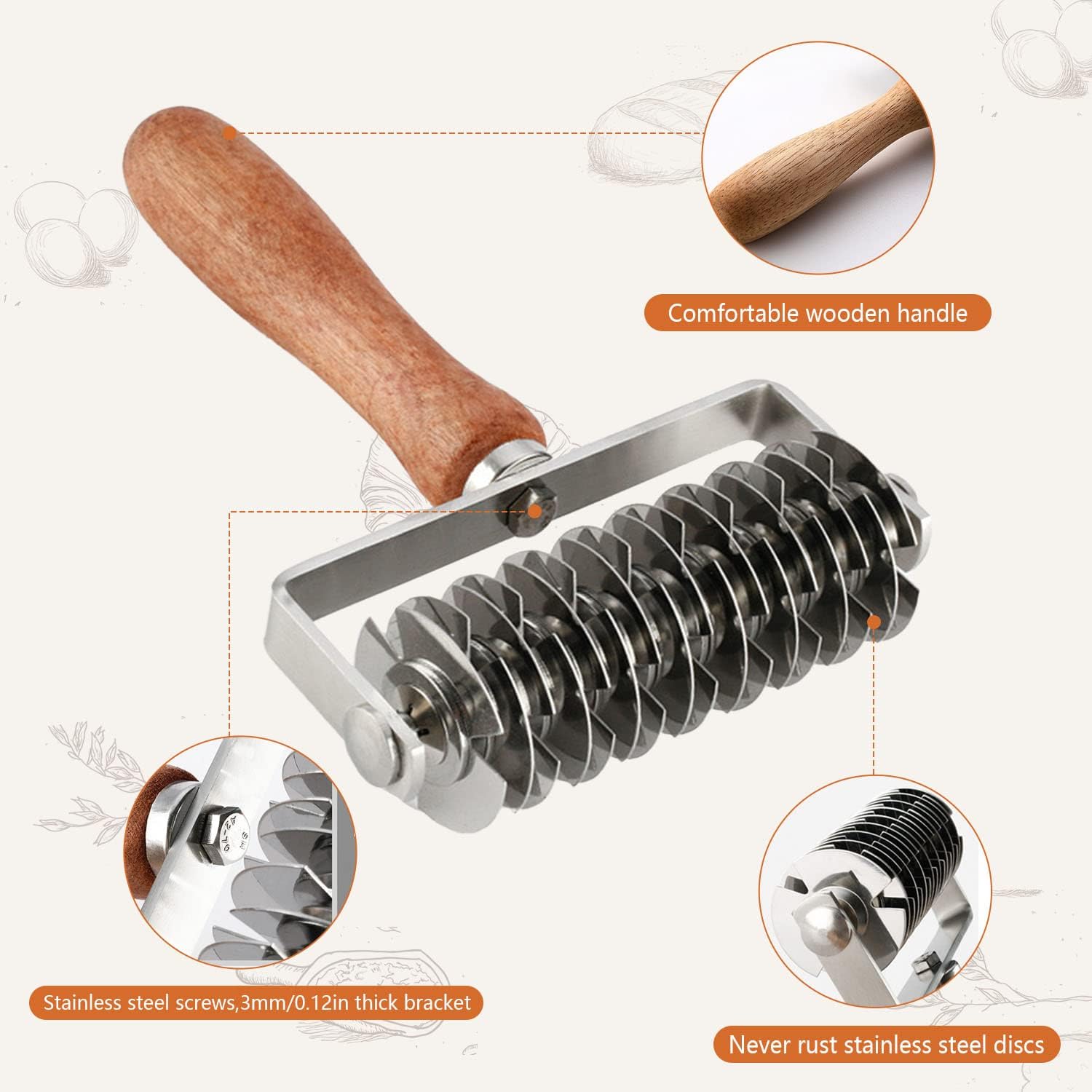 Soporte de rodillos de acero inoxidable para masa de celosía, pastel de galletas, pizza, pan, corteza de pastelería, mango de madera, cortador de