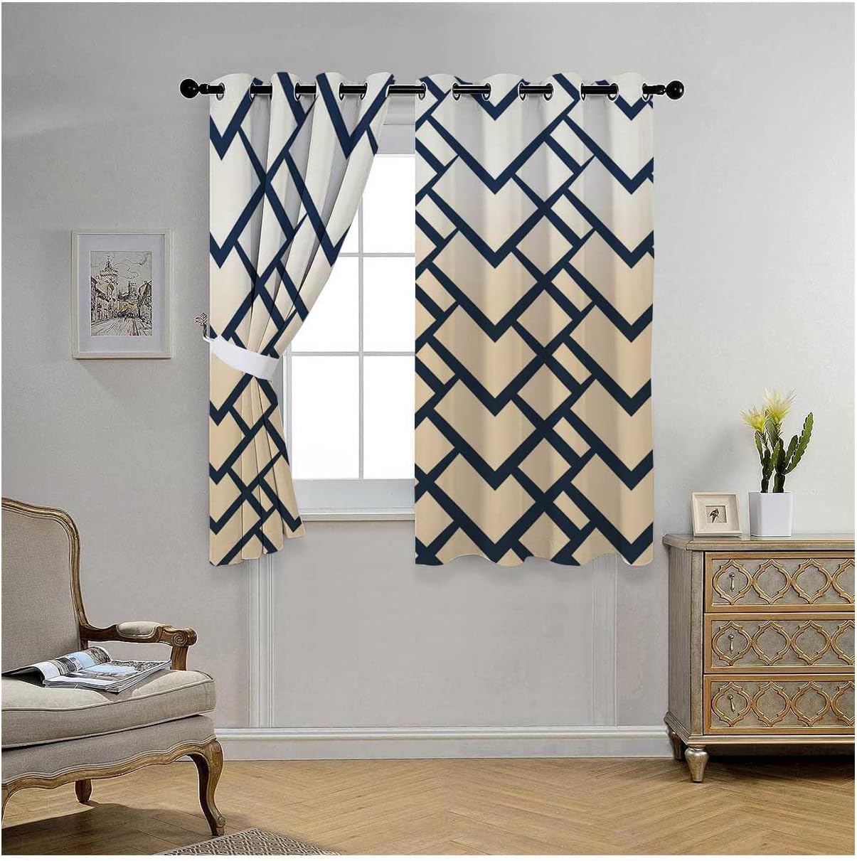 YANFENQI Cortinas para Habitacion – Cortinas para pared con diseño geométrico a cuadros, color crema, 55 pulgadas de ancho por 45 pulgadas de largo,