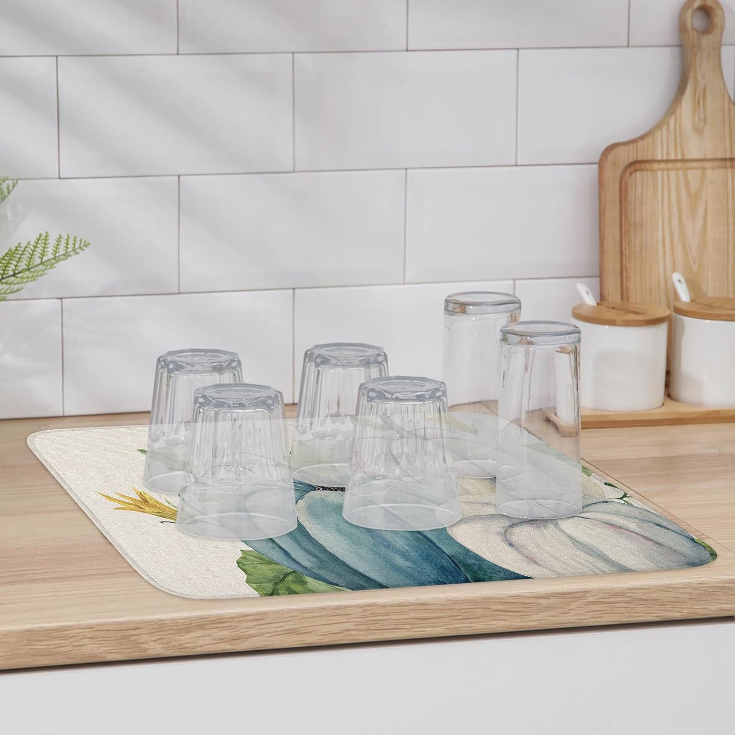 Tapete de secado de platos con calabazas azules y grises para encimera de cocina, hojas florales, hojas de eucalipto de Acción de Gracias,