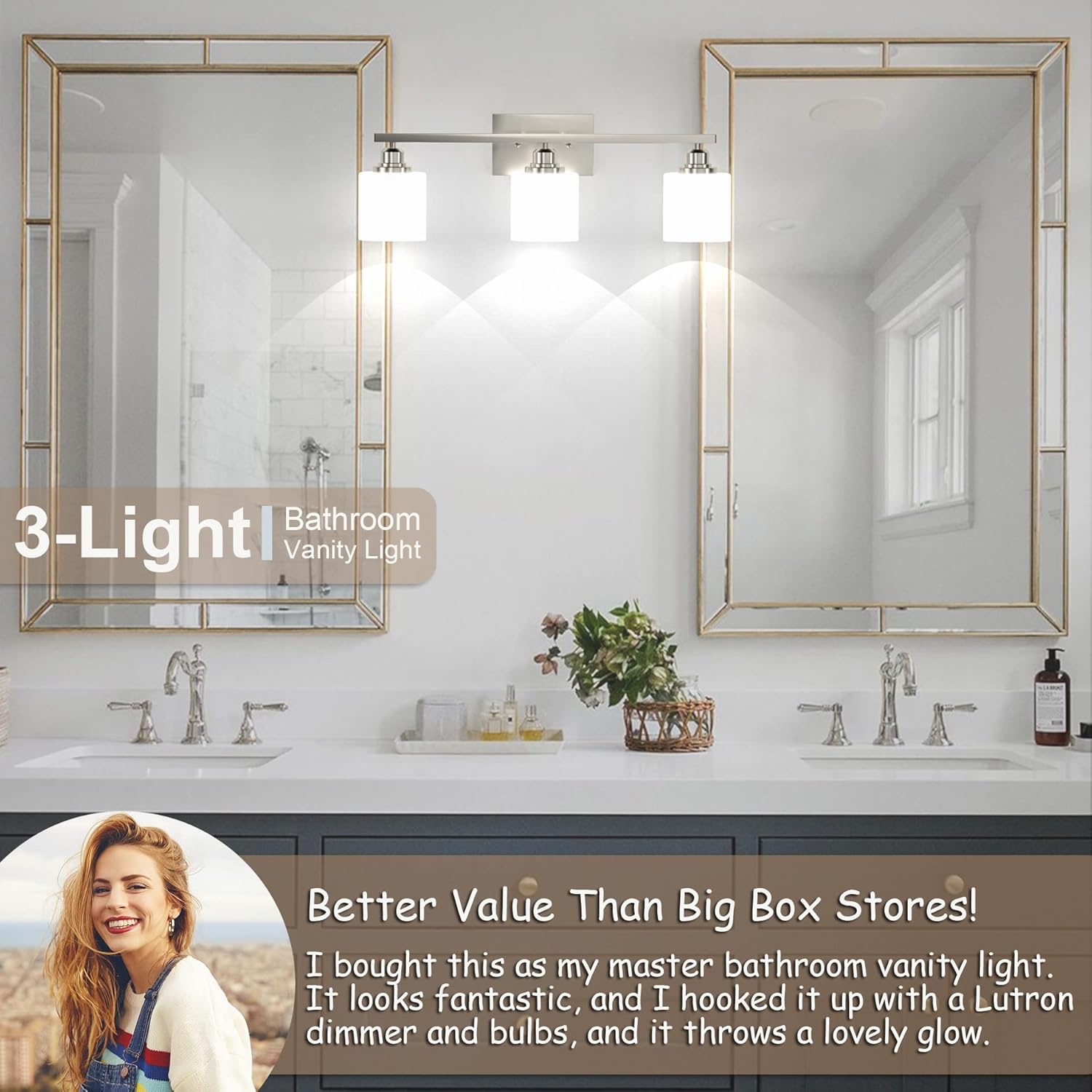 Sailstar Lámparas de baño, luces de tocador de níquel cepillado, 3 luces, modernas luces de baño sobre espejo, pantalla de vidrio y acabado de