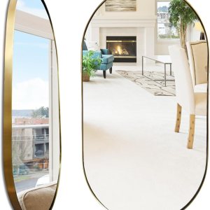 TUSIWIT Espejo de pared ovalado dorado con forma de píldora, espejo de baño con marco de acero inoxidable, espejo de pared decorativo montado TUSIWIT Espejo de pared ovalado dorado con forma de píldora, espejo de baño con marco de acero inoxidable, espejo de pared decorativo montado