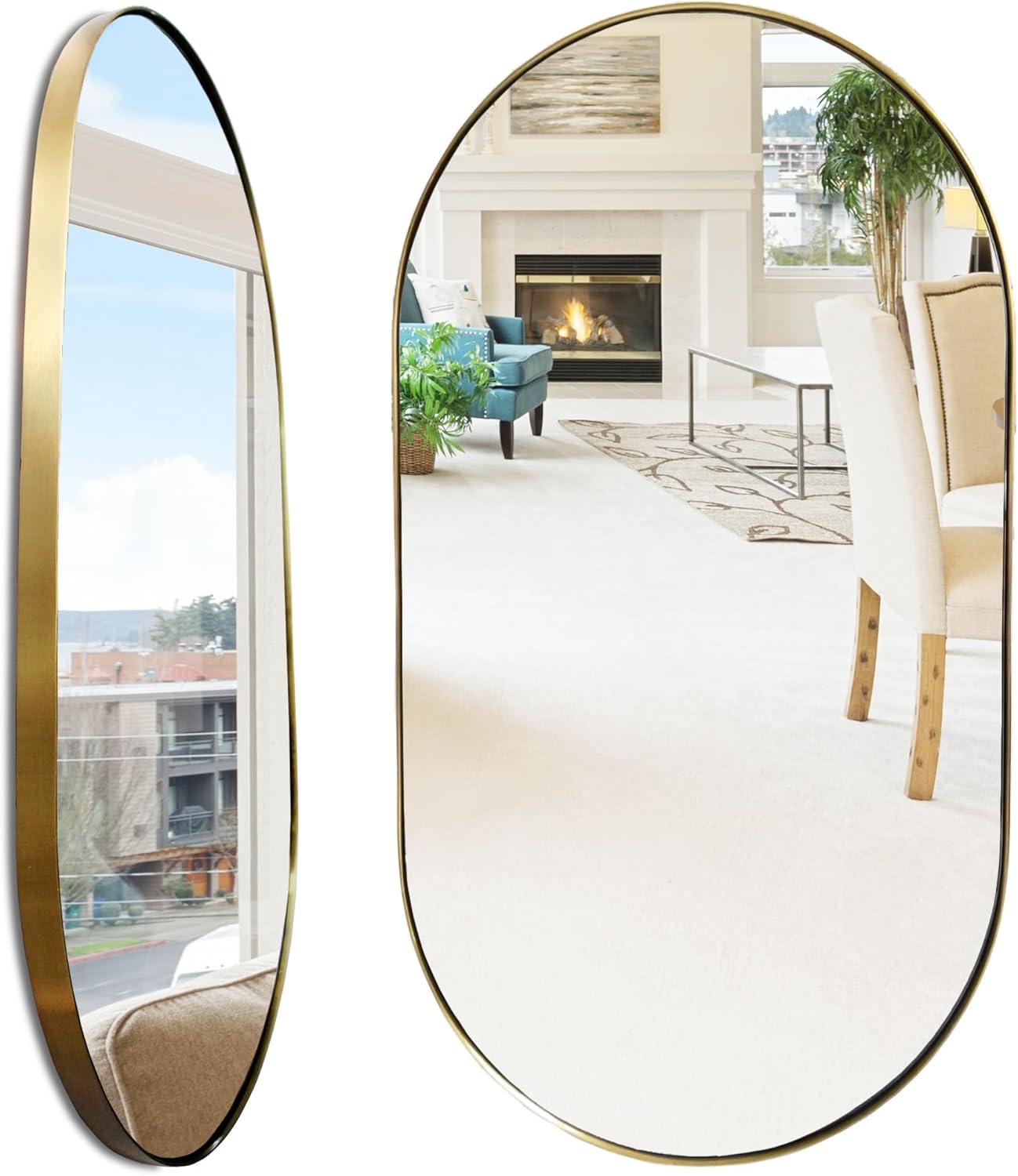 TUSIWIT Espejo de pared ovalado dorado con forma de píldora, espejo de baño con marco de acero inoxidable, espejo de pared decorativo montado