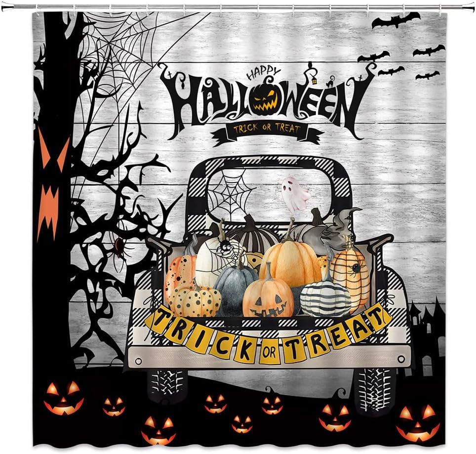 Cortina de ducha de camión de Halloween, calabaza, granja, coche, árbol muerto, telaraña, murciélago, tablero de madera retro, espeluznante,