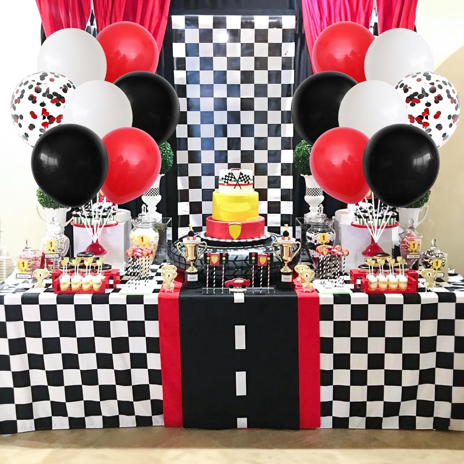 Globos de confeti negro y rojo, 60 paquetes de globos de fiesta negros y rojos de 12 pulgadas con cintas para hombres y mujeres, cumpleaños, bodas,