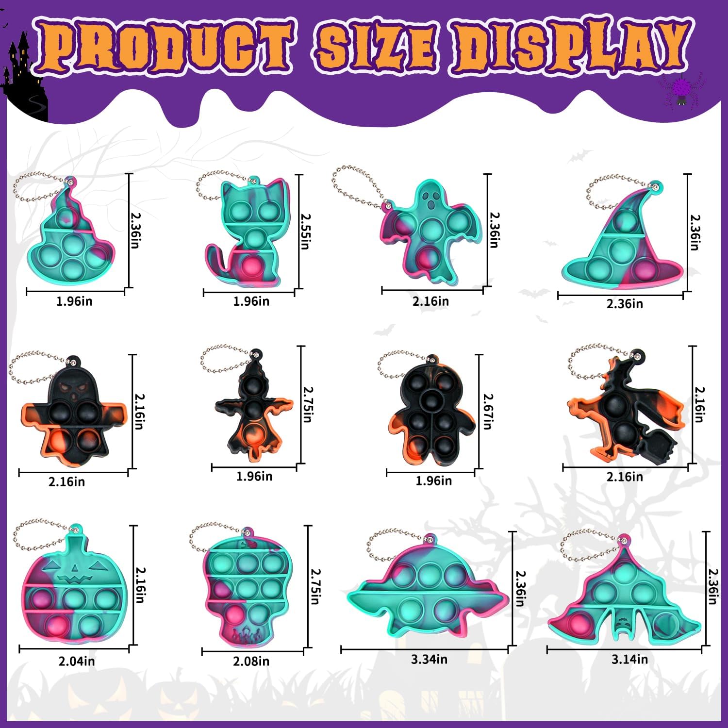 Llavero de Halloween Pop Fidget Toys, paquete de 24 mini llaveros a granel, juguetes de Halloween y recuerdos de fiesta para niñas y niños, alivia