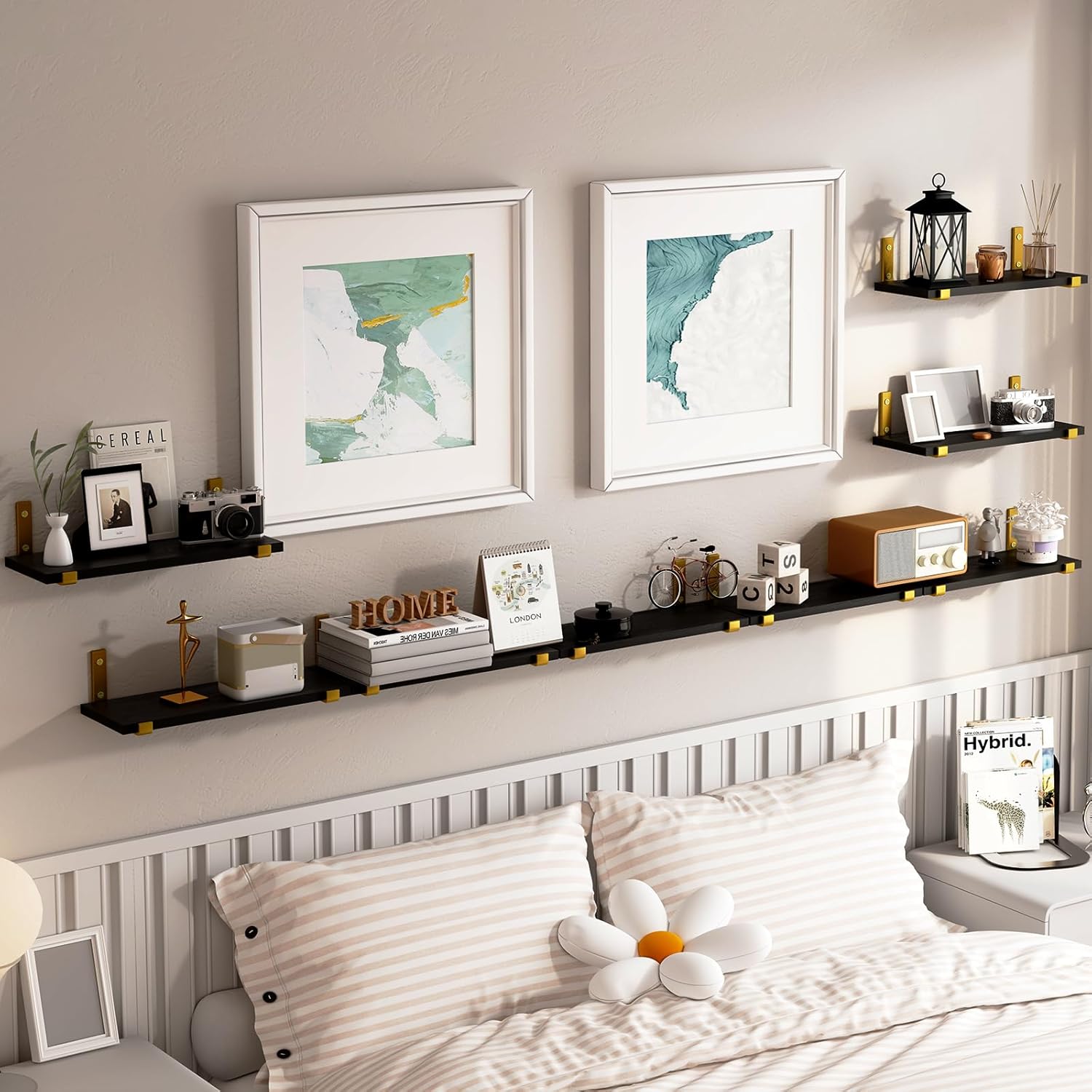 YGEOMER Estantes flotantes, juego de 8, estantes rústicos de pared, estante flotante de madera para dormitorio, sala de estar, libro y baño (negro