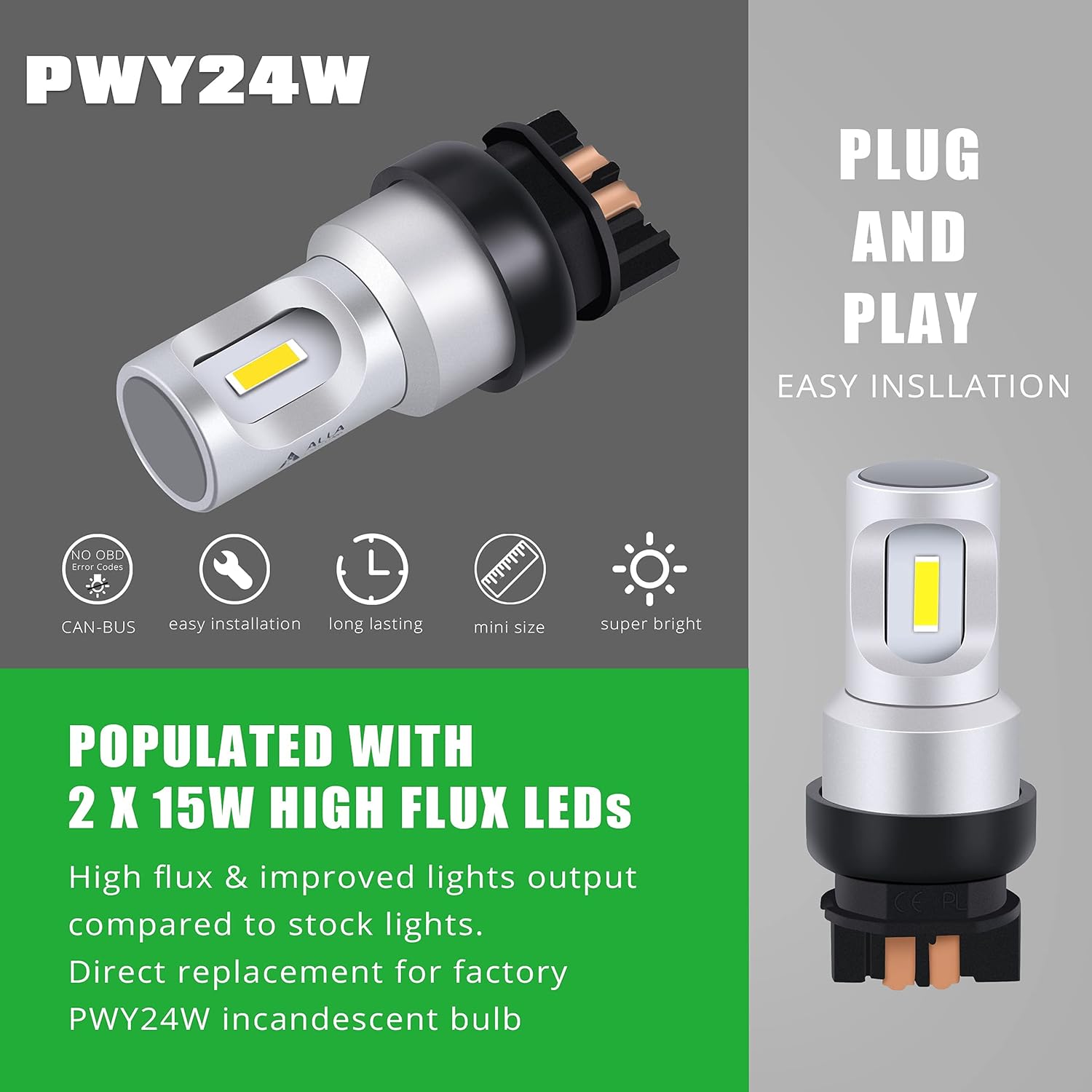 Alla Lighting Bombillas LED 12182 PW24W para circulación diurna (DRL), freno, luces direccionales, 6000 K, xenón blanco, repuesto compatible con BMW