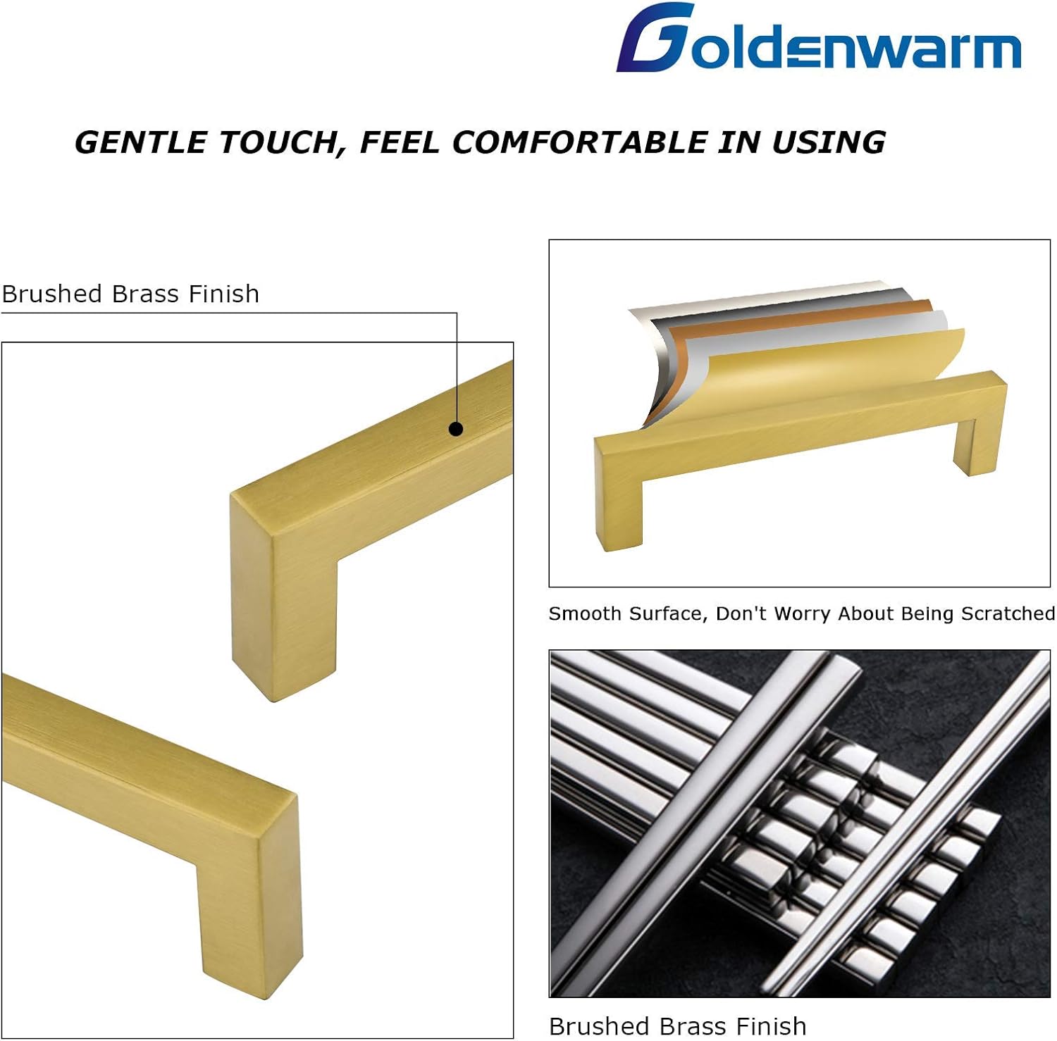 Goldenwarm LSJ12GD192 – Manijas doradas de latón cepillado para cajones y armarios, manijas modernas y cuadradas para cocina, distancia de orificios