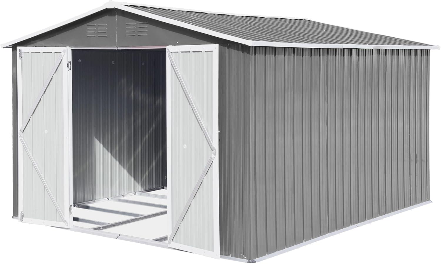 GLANZEND Cobertizo de jardín de metal para exteriores de 10 x 8 pies, cobertizo de almacenamiento grande de acero galvanizado con puertas con