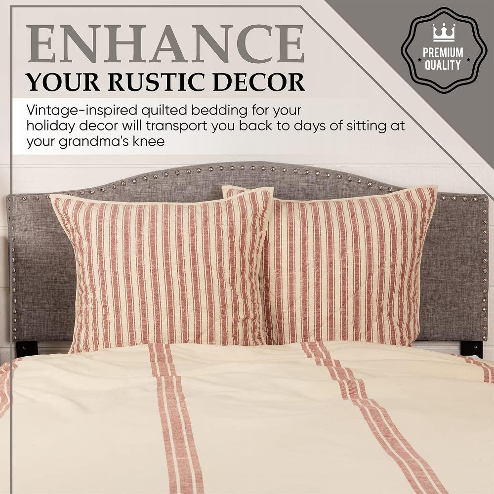 Market Place – Edredón de lujo tamaño King, 100% algodón acolchado con tictac rojo, saco de grano acolchado a mano, ropa de cama para decoración