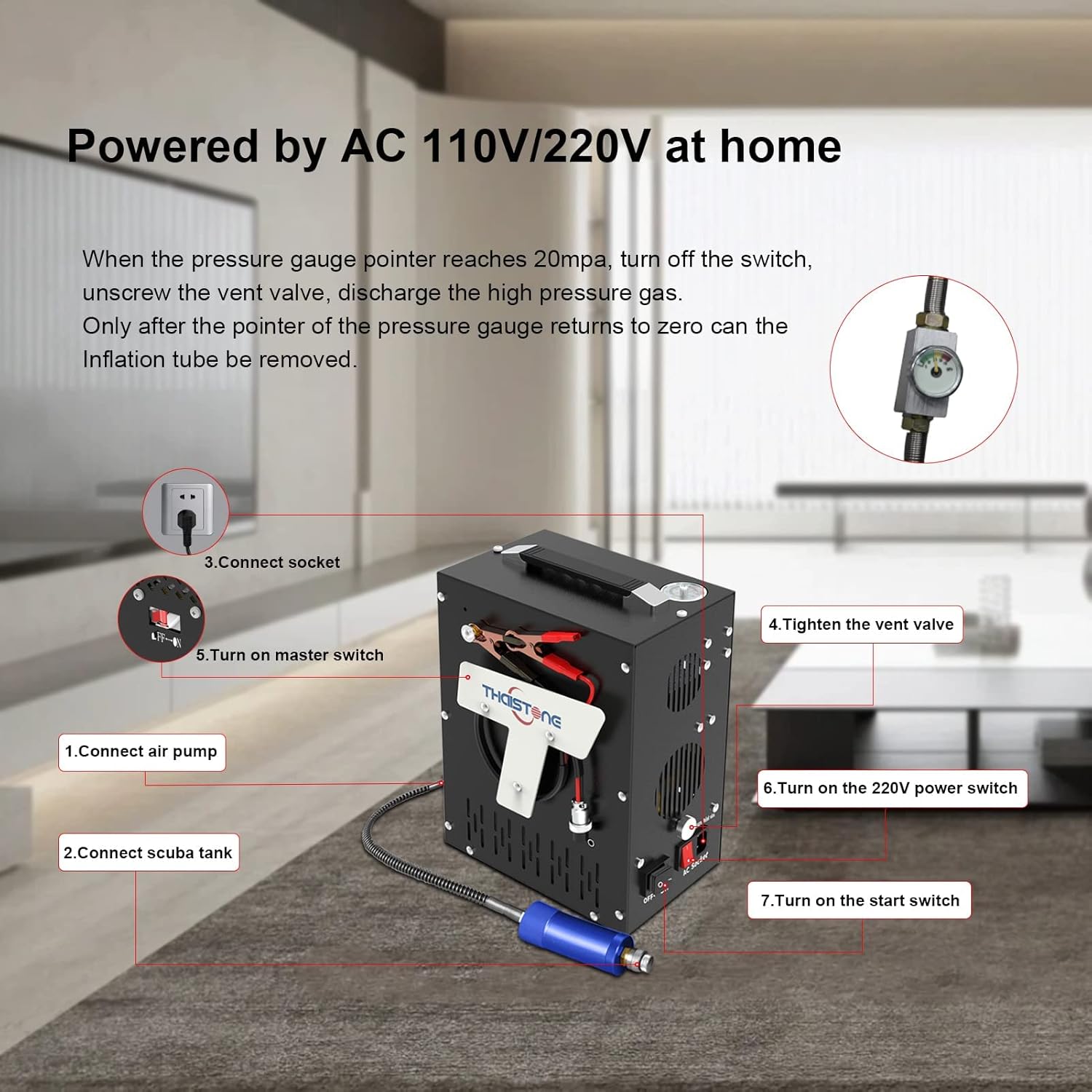 Compresor de aire PCP 4500 Psi30Mpa, filtro separador integrado sin aceiteagua, alimentado por Home 110V AC o Car 12V DC, Compresor Pcp para tanque