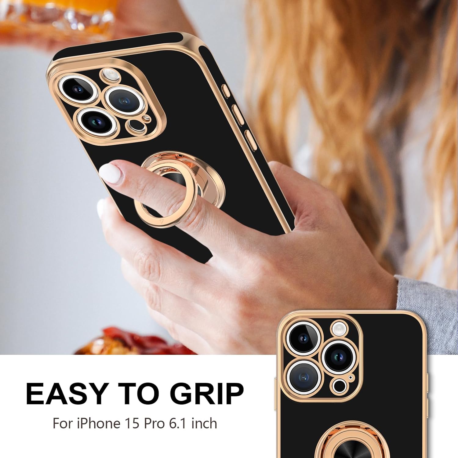 Hython Funda para iPhone 15 Pro con soporte de anillo, soporte de anillo giratorio de 360, soporte magnético, chapado en oro rosa, cubierta suave,