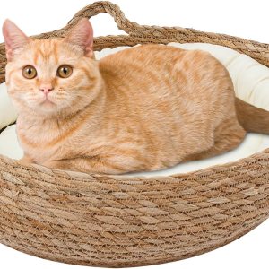 LUGBING Cama tejida suave para gatos, 16.9 pulgadas, cómodo rascador para gatos con cojín, almohada y alfombrilla de bambú, nido de dormir LUGBING Cama tejida suave para gatos, 16.9 pulgadas, cómodo rascador para gatos con cojín, almohada y alfombrilla de bambú, nido de dormir