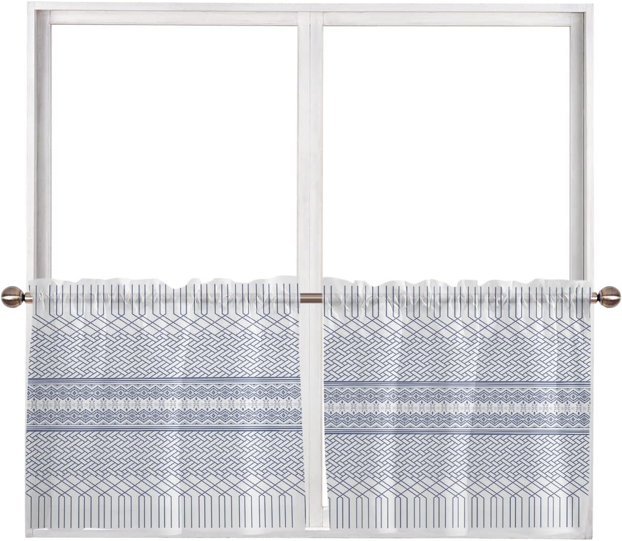 Cortinas traslúcidas geométricas azules para dormitorio, sala de estar, cortina de ventana de 24 pulgadas de largo, cortinas de gasa con bolsillo