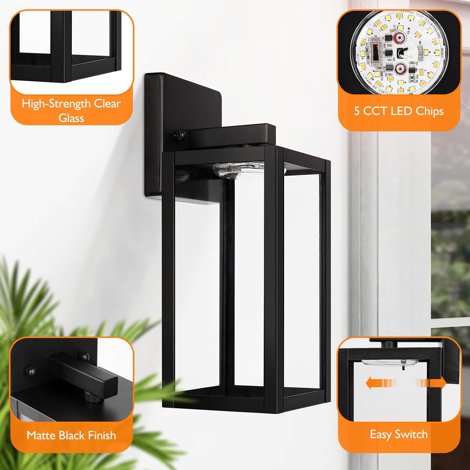 Paquete de 2 lámparas para exteriores montadas en la pared, impermeables, para exteriores, color negro, con vidrio transparente, 2700 K3000 K4000