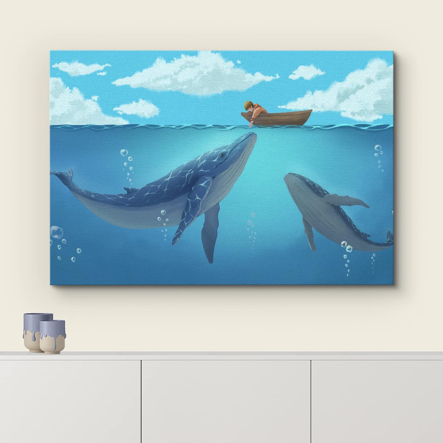 Dibujo a mano estilo niño místico en el barco en el océano con ballenas azules Galería 16 x 24 pulgadas