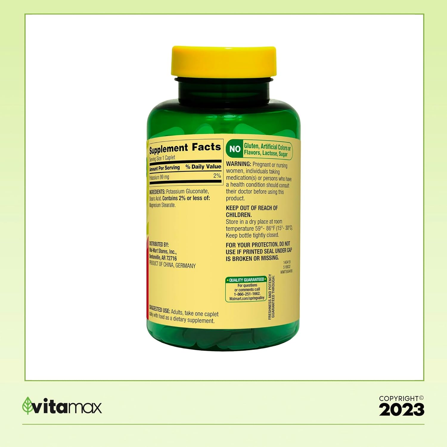 Suplemento dietético Spring Valley Potasio para la salud cardíaca, 99 mg, 250 unidades (suministro para 8 meses) + guía exclusiva de vitaminas