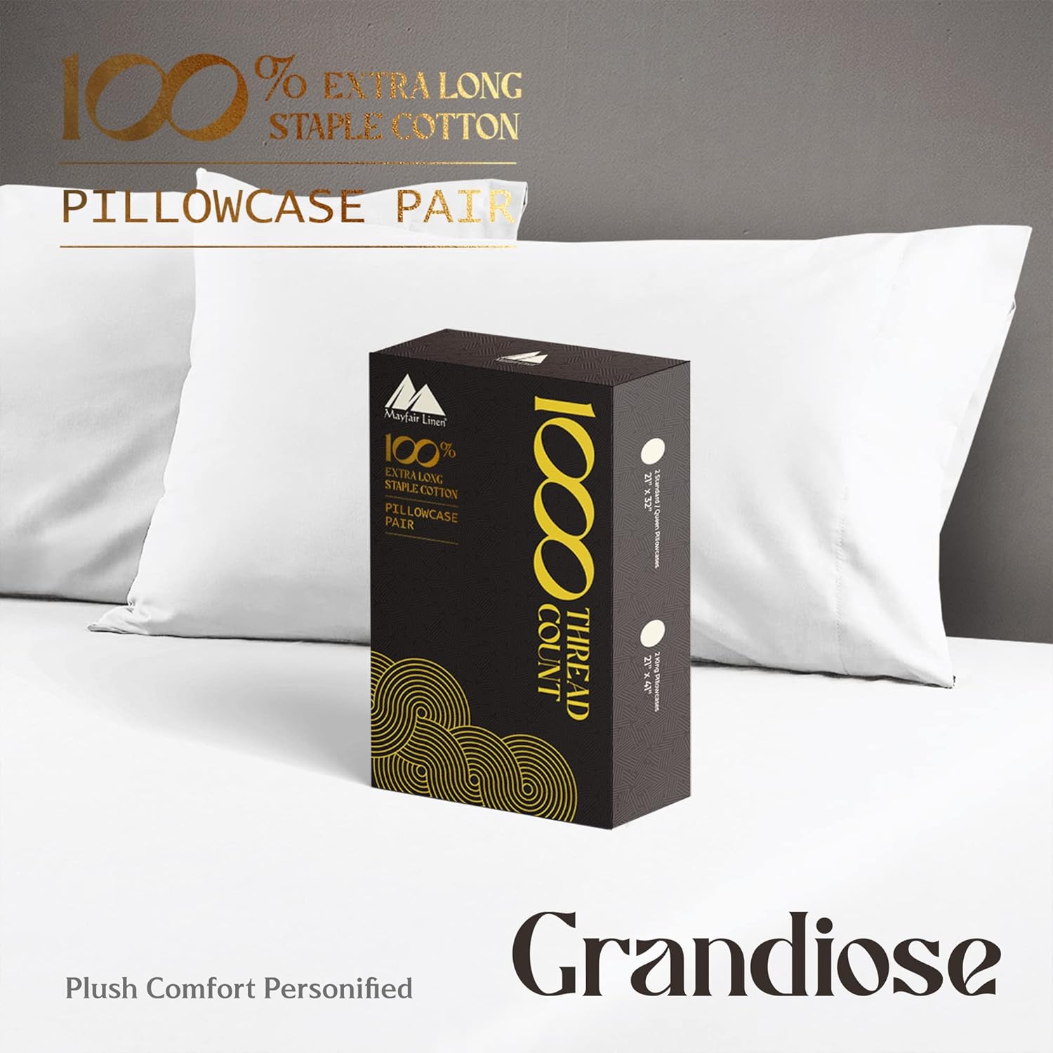 Mayfair Linen Juego de 2 fundas de almohada tamaño King de 100 % algodón puro, calidad de algodón egipcio de 1000 hilos, suaves, transpirables y