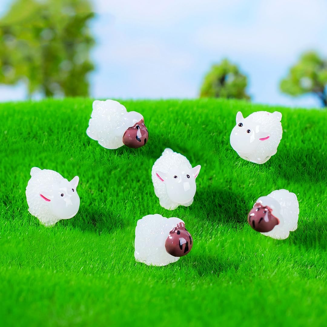 50 piezas luminosas de micro paisaje de ovejas de resina, mini figuras de oveja en miniatura para bricolaje jardín de hadas en miniatura paisaje de