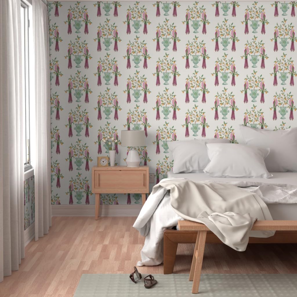 Spoonflower Muestro de papel tapiz extraíble  Pájaros botánicos Loro tropical Cítricos Floral Caprichoso vid Hojas Naranja Limón Italiano Papel