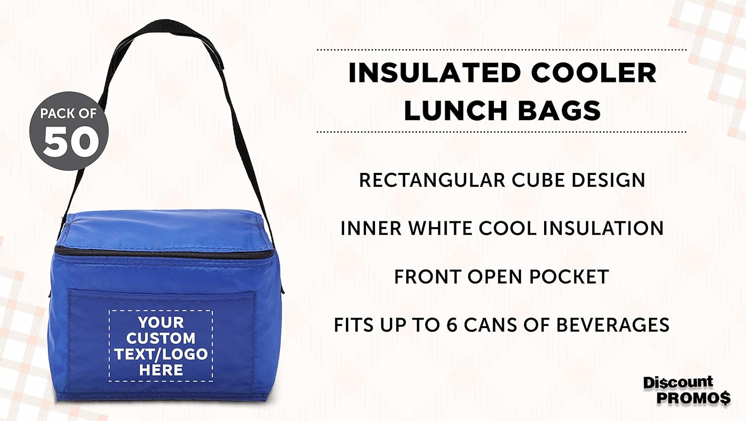 DISCOUNT PROMOS Juego de 50 bolsas de almuerzo pequeñas personalizadas, paquete a granel personalizado, aisladas, se adapta a 6 latas, perfectas