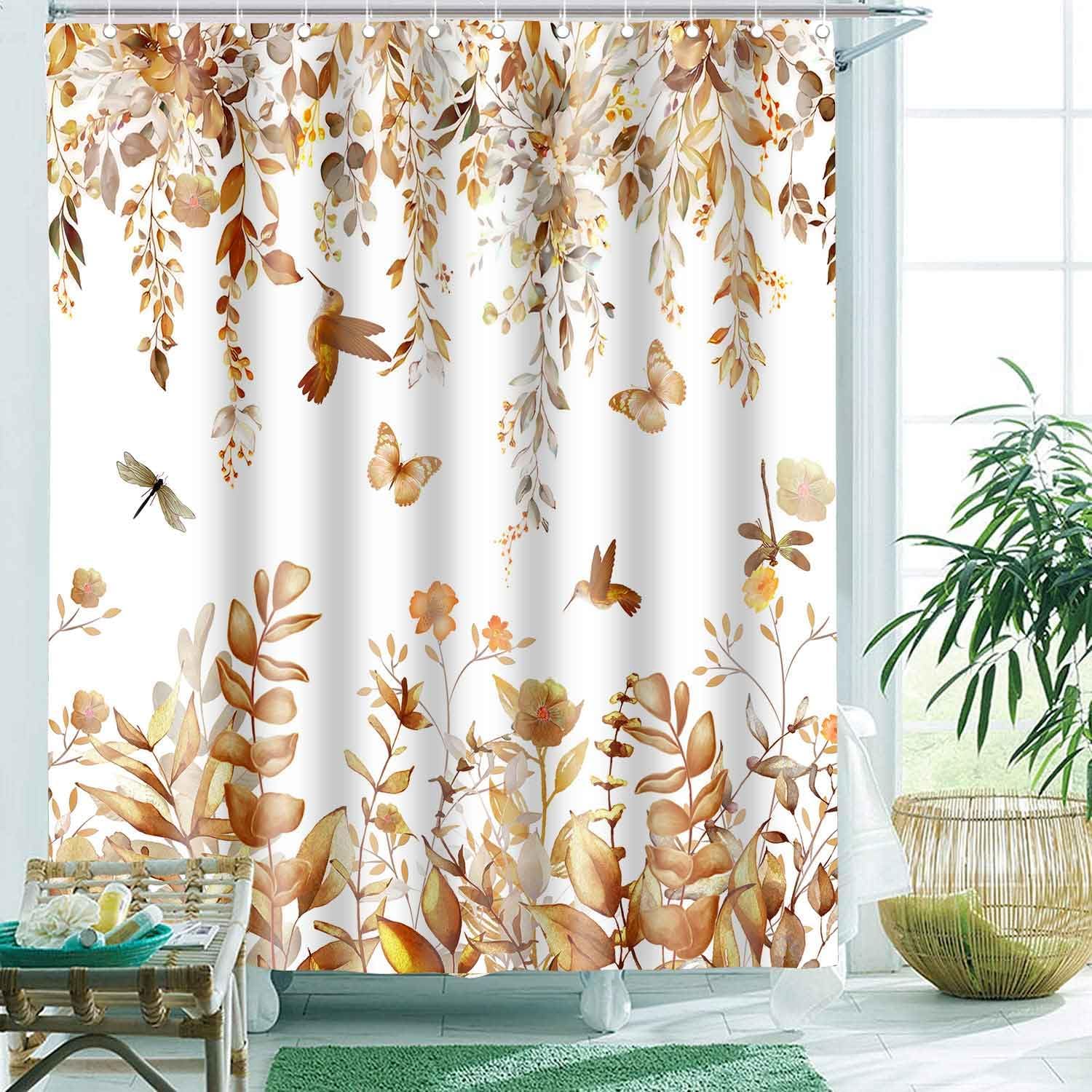 Cortina de ducha de hojas de eucalipto amarillas, acuarela floral, hojas de otoño, flores, colibrí, pájaro, mariposa, granja, juego de cortinas de