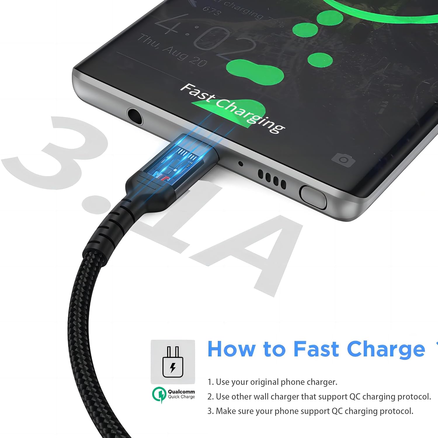 Cable USB C de 1.5 pies, cable de carga USB 2.0 trenzado tipo A a tipo C de 18 pulgadas, cable Android Auto compatible con iPhone 15 ProMax, Samsung