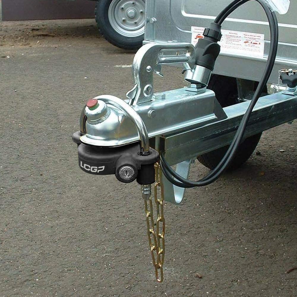 LCGP Bloqueo de acoplador de enganche de remolque negro con 2 llaves, bloqueo de acoplador universal, seguridad de almacenamiento ajustable, acero