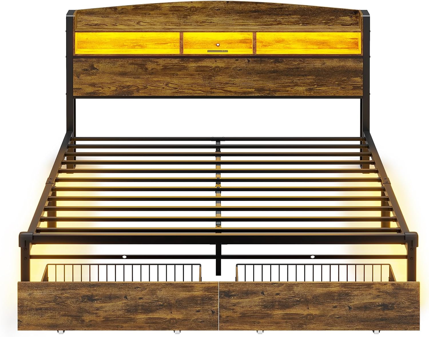 Base de cama tamaño Queen con cabecera de luz LED, estación de carga USB-CA, plataforma de metal con cajones de almacenamiento, cabecera de
