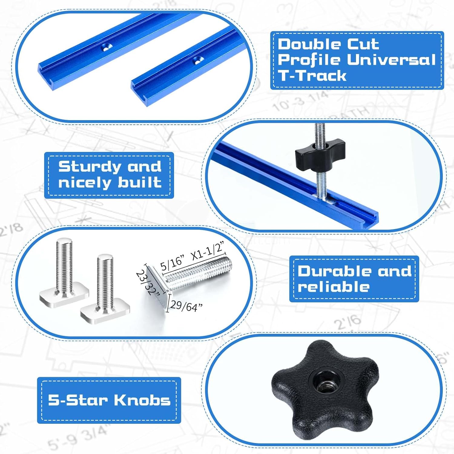 Zonon Juego de 2 rieles universales en T de 48 pulgadas con tornillos para madera y agujeros de montaje preperforados, kit universal de riel en T