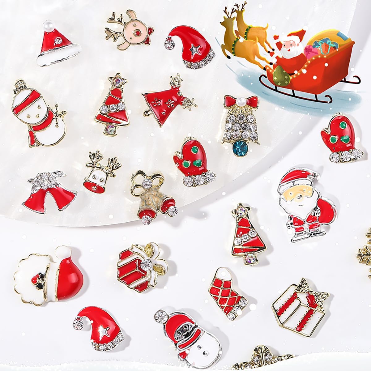 Dijes de uñas de Navidad 3D muñeco de nieve, campana, Papá Noel, diamantes de imitación brillantes para árbol de Navidad, guantes de árbol de