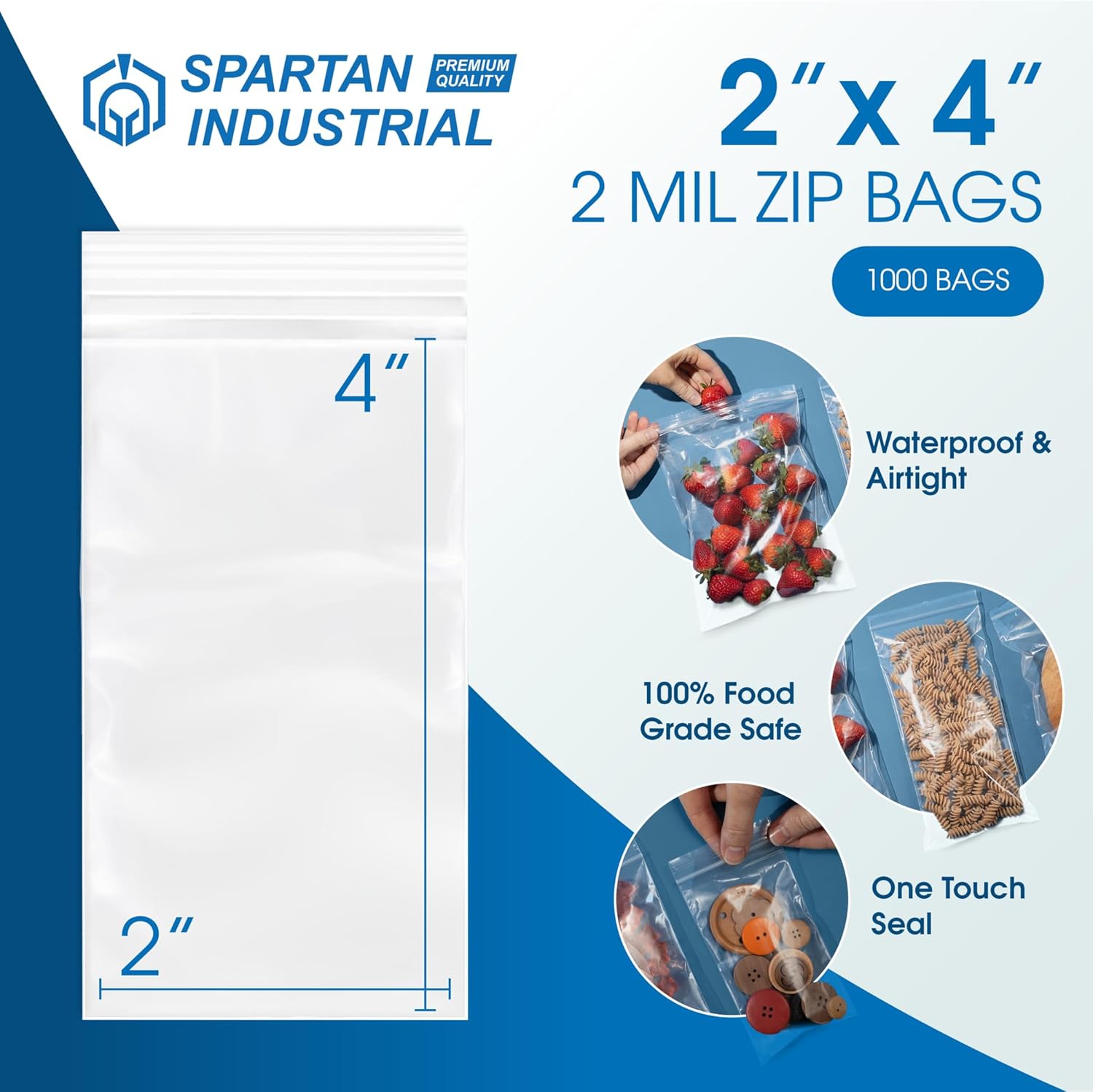 Spartan Industrial – Bolsas de polietileno de plástico transparente con cierre de 2 x 4 pulgadas (1000 unidades) con cierre resellable y cierre de