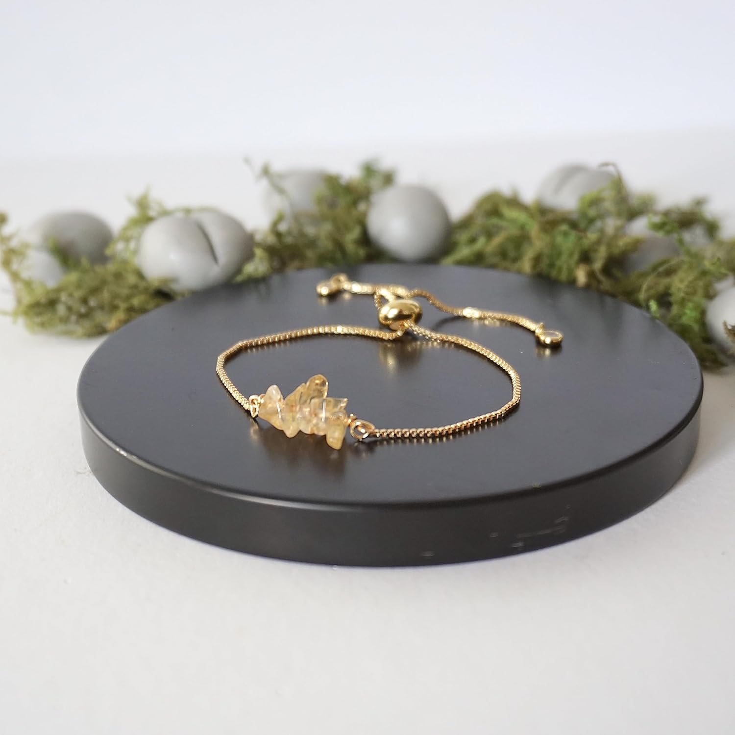 Designs by Nature Gems Citrine Crystal Bracelet, November Birthstone Jewelry, Adjustable Slider Chain Bolo Bracelet, Gold Plated Chakra Bar
